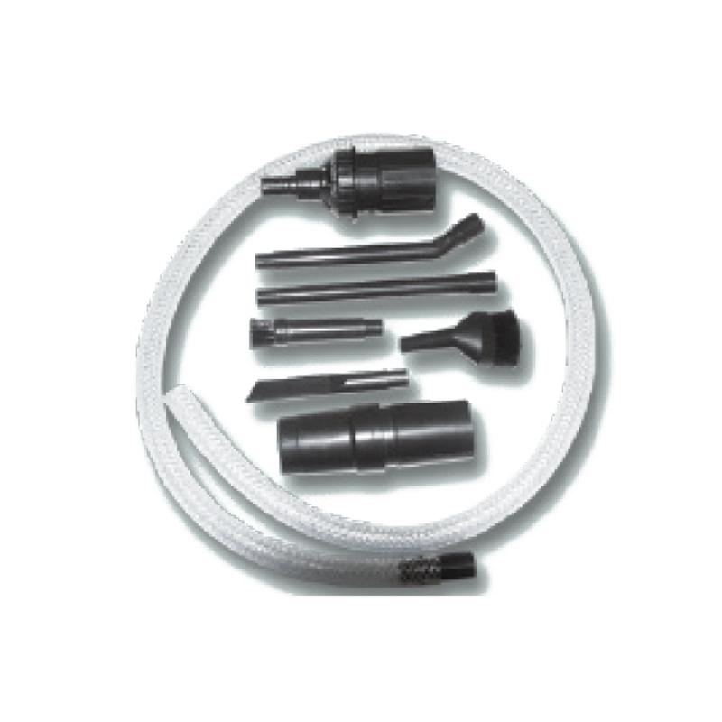 Saugdüsen-Set " Mikrokit " beinhaltet transparenter, flexibler Saugschlauch, 1 Anschlussmuffe für den Handgriff, 1 Adaptermuffe, 2 13cm lange Düsen: gerade und gebogen, 2 Bürstenaufsätze: rund und oval & 1 Fugendüse