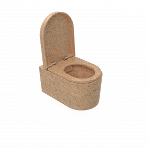 Moderne und funktionale an der Wand hängende Toilette aus Woodios Holzmaterial. Natural Holzfarbe, Material aus finnischer Espe. Auf diesem Foto ist der Toilettensitz geöffnet.