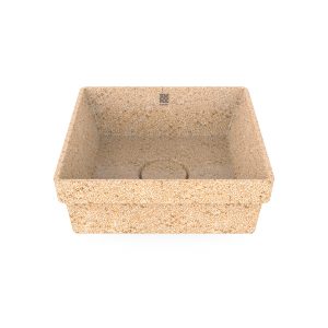 Natural Holzfarbe. Woodio Cube40 Waschbecken hat ein minimalistisches quadratisches Design, das beide funktional und stilvoll ist. Die Oberfläche ist glänzende. Das Material ist Woodios Massivholz-Verbundwerkstoff, das in vielen harmonischen Farbtöne hergestellt wird.