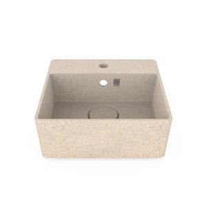 Polar-weiß. Woodio Cube40 Waschbecken mit Wandbefestigung hat ein minimalistisches quadratisches Design, das beide funktional und stilvoll ist. Die Oberfläche ist glänzende. Das Material ist Woodios Massivholz-Verbundwerkstoff, das in vielen harmonischen Farbtöne hergestellt wird.