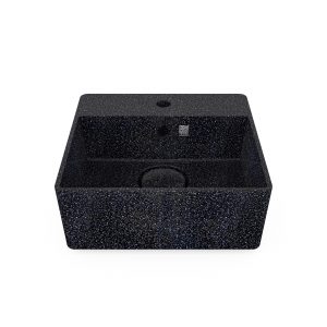 Char-schwarz. Woodio Cube40 Waschbecken mit Wasserhahn -Loch hat ein minimalistisches quadratisches Design, das beide funktional und stilvoll ist. Die Oberfläche ist glänzende. Das Material ist Woodios Massivholz-Verbundwerkstoff, das in vielen harmonischen Farbtöne hergestellt wird.