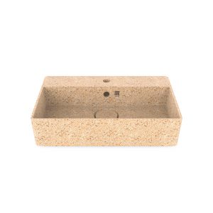 Natural Holzfarbe. Woodio Cube60 Waschbecken mit Wasserhahnloch hat ein minimalistisches rechteckiges Design, das beide funktional und stilvoll ist. Die Oberfläche ist glänzende. Das Material ist Woodios Massivholz-Verbundwerkstoff, das in vielen harmonischen Farbtöne hergestellt wird.