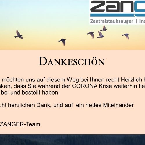 Ein Vogelschwarm fliegt auf dem Abendhimmel. Der Text in der Mitte des Bilds dankt Sie dafür, dass Sie während der Corona Krise weiterhin fleißig bestellt haben.