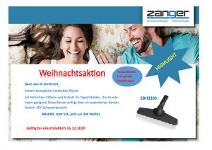 Ein lachendes Paar liegt auf dem Sofa und hat eine Hartboden-Bürste für Zentralstaubsauger. Der Text sagt: Weihnachtsaktion - Ganz neu im Sortiment, extrem bewegliche Hartboden-Bürste mit Naturhaar 330mm und Aufsatz für Teppichböden.