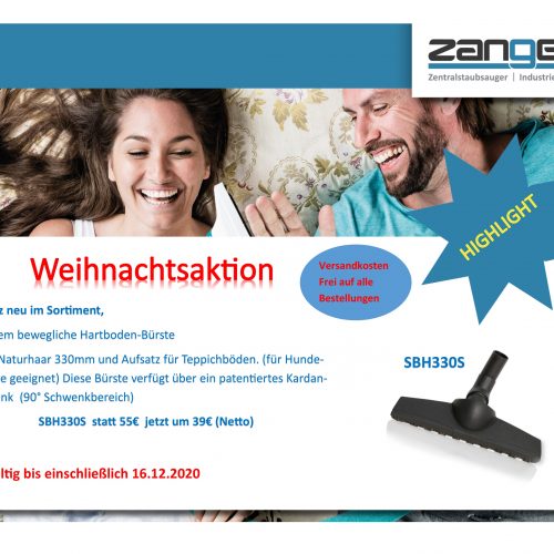 Ein lachendes Paar liegt auf dem Sofa und hat eine Hartboden-Bürste für Zentralstaubsauger. Der Text sagt: Weihnachtsaktion - Ganz neu im Sortiment, extrem bewegliche Hartboden-Bürste mit Naturhaar 330mm und Aufsatz für Teppichböden.