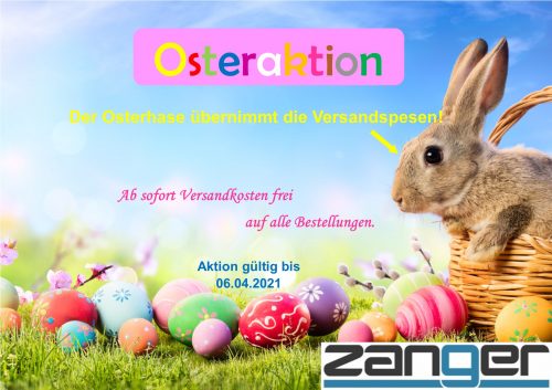 Osteraktion 2021. Der Osterhase auf der rechen Seite des Bilds übernimmt die Versandspesen! Bunte Ostereier liegen auf dem Rasen.