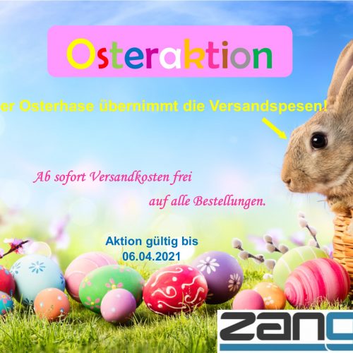 Osteraktion 2021. Der Osterhase auf der rechen Seite des Bilds übernimmt die Versandspesen! Bunte Ostereier liegen auf dem Rasen.