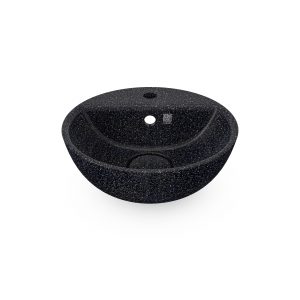 Char-schwarz. Woodio Soft40 Waschbecken aus Holz mit einem Loch für den Wasserhahn. Eine minimalistische und stilvolle Wahl ins Badezimmer - und auch Nachhaltig! Woodio produziert seine Waschbecken aus finnischem Holz und Harz.