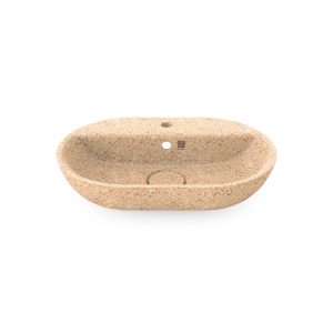 Natural Holzfarbe von finnischer Espe. Woodio Soft60 Waschbecken hat eine sanfte ovale Form und ein Loch für Wasserhahn. Das Material ist Woodios Massivholz-Verbundwerkstoff, das in vielen harmonischen Farbtöne hergestellt wird.