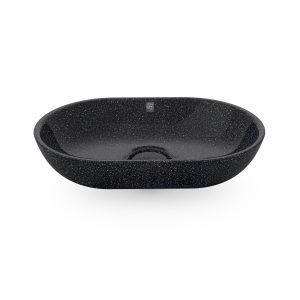 Char-schwarz. Woodio Soft60 Waschbecken Table Top hat eine sanfte ovale Form und eine glänzende Oberfläche. Das Material ist Woodios Massivholz-Verbundwerkstoff, eine Mischung mit finnischem Holz und Harzbasiertem Klebstoff. Das Waschbecken wird in vielen harmonischen Farbtöne hergestellt.