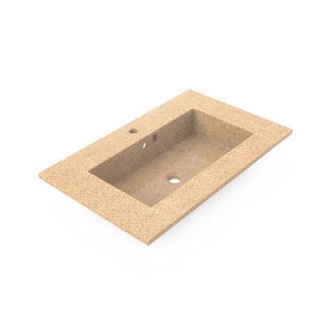 Natural Holzfarbe. Woodio Unit80 Integrated Waschbecken hat eine minimalistische und moderne rechteckige Form, mit einigen Centimetern mehr ebener Platz auf den Seiten. Es ist aus finnischem Holz und Harz produziert. Das Material hat eine glänzende Oberfläche.
