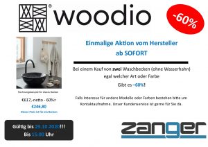 Ein kleines Bild auf ein schwarzes Woodio Soft40 Waschbecken in einem weißen, sonnigen Zimmer. Logos von Zanger und Woodio. Einmalige Aktion vom Hersteller ab SOFORT -60% bei einem Kauf von zwei Waschbecken ohne Wasserhahn.