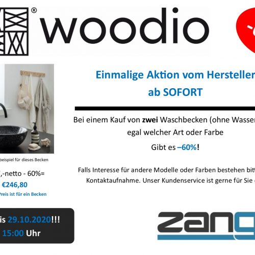 Ein kleines Bild auf ein schwarzes Woodio Soft40 Waschbecken in einem weißen, sonnigen Zimmer. Logos von Zanger und Woodio. Einmalige Aktion vom Hersteller ab SOFORT -60% bei einem Kauf von zwei Waschbecken ohne Wasserhahn.