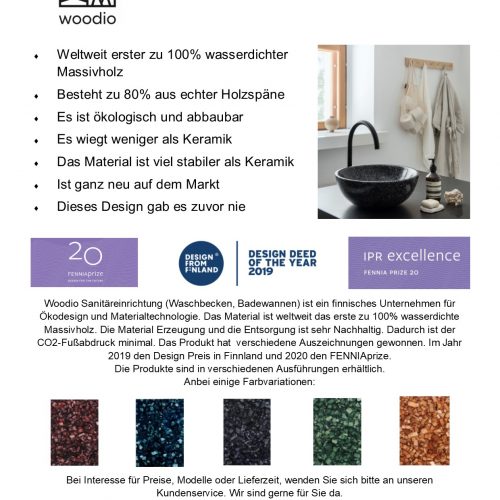 Newsletter: Ganz neu und modern in Österreich. Ein Bild von Woodio Soft40 Waschbecken in einem weißen, sonnigen Zimmer. Logos von Fenniaprize 20, Design from Finland: Design deed of the year 2019, Fennia Prize: IPR Excellence und German Design Award. Letztlich fünf Beispiele von verschiedenen Farbvarianten: rot, blau, schwarz, grün und sanft orange.