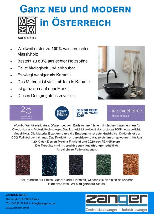 Newsletter: Ganz neu und modern in Österreich. Ein Bild von Woodio Soft40 Waschbecken in einem weißen, sonnigen Zimmer. Logos von Fenniaprize 20, Design from Finland: Design deed of the year 2019, Fennia Prize: IPR Excellence und German Design Award. Letztlich fünf Beispiele von verschiedenen Farbvarianten: rot, blau, schwarz, grün und sanft orange.